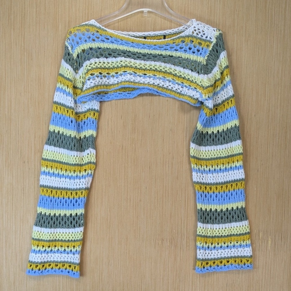 Women's Colorful Crochet Knit Striped Shrug Cropped Bolero Size M Fall Layering